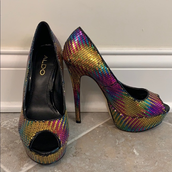 Aldo high heeled rainbow sequin peep toe size 7 - Picture 2 of 6
